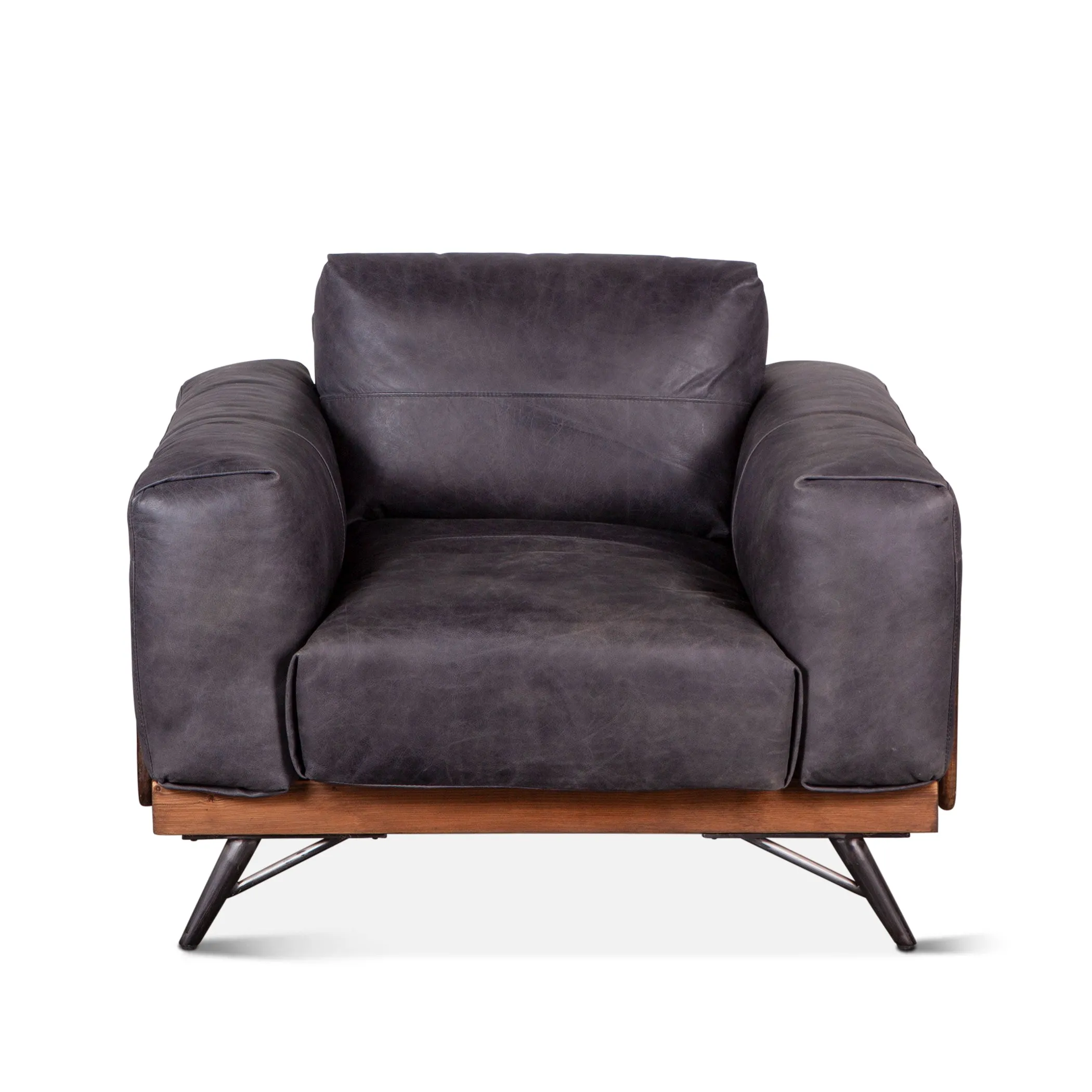 Mid Century Leather and Wood Arm Chair - Antique Ebony