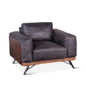Mid Century Leather and Wood Arm Chair - Antique Ebony
