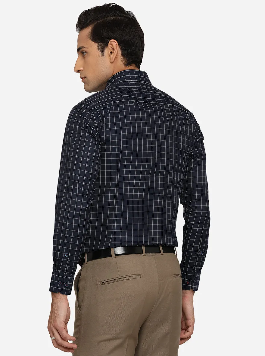 Navy Blue & White Checked Slim Fit Formal Shirt | Greenfibre
