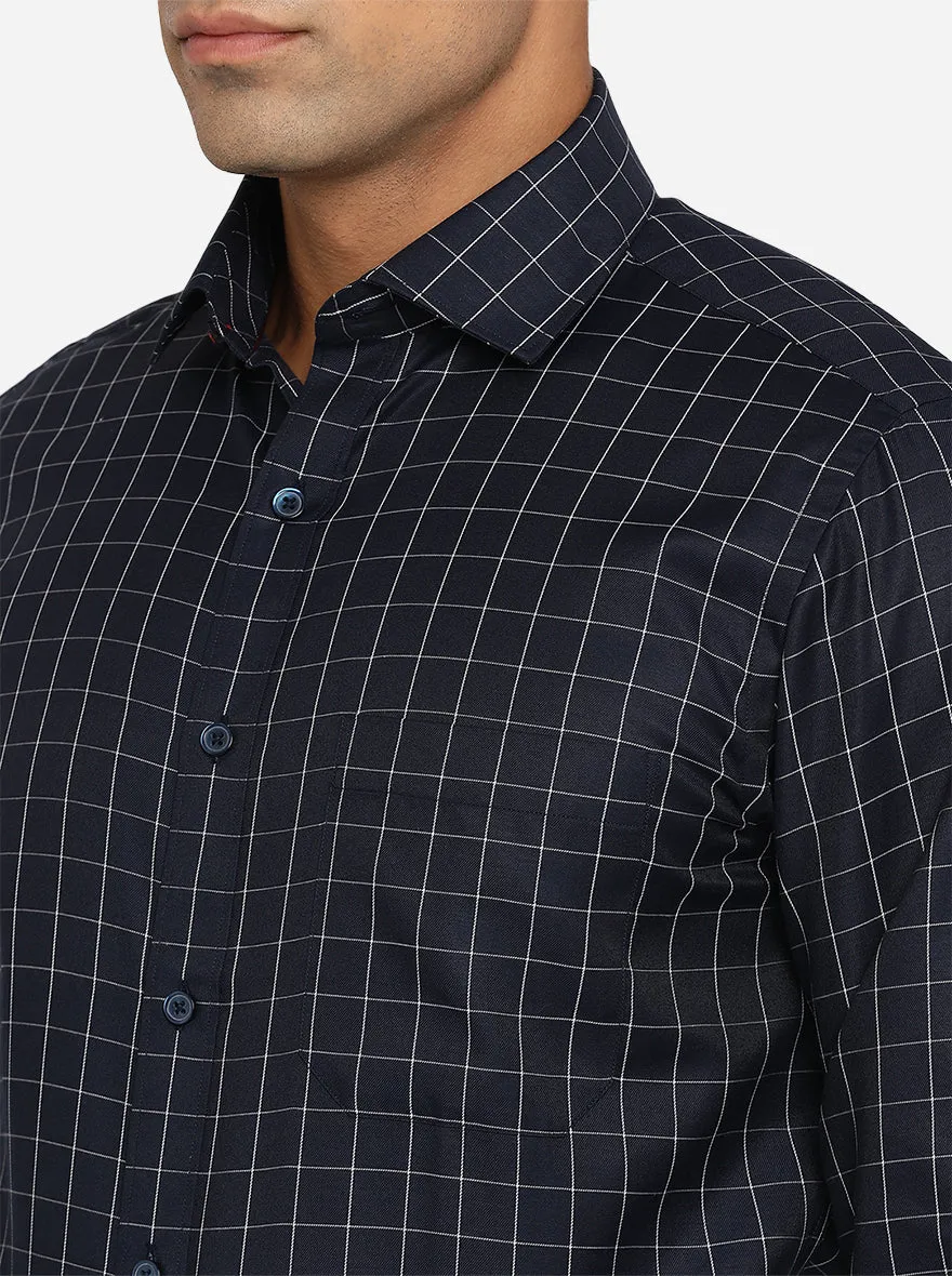 Navy Blue & White Checked Slim Fit Formal Shirt | Greenfibre