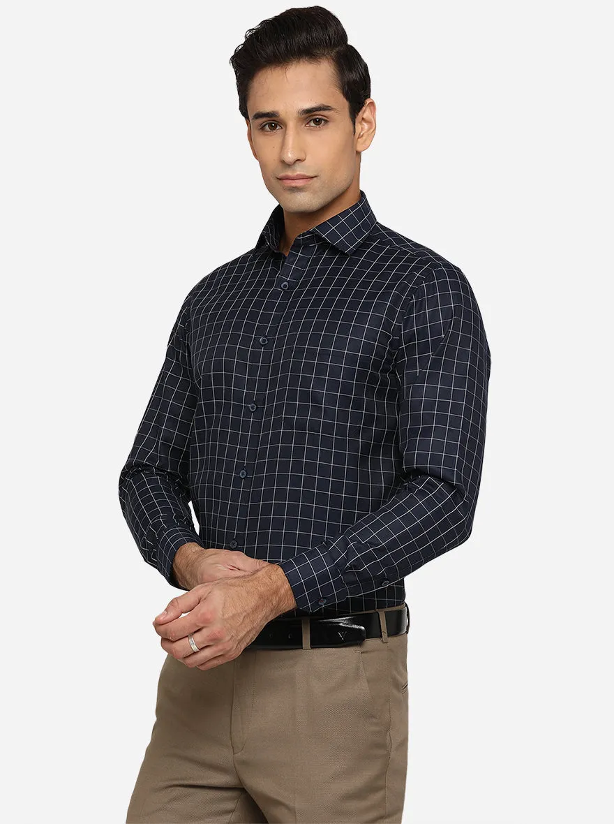 Navy Blue & White Checked Slim Fit Formal Shirt | Greenfibre