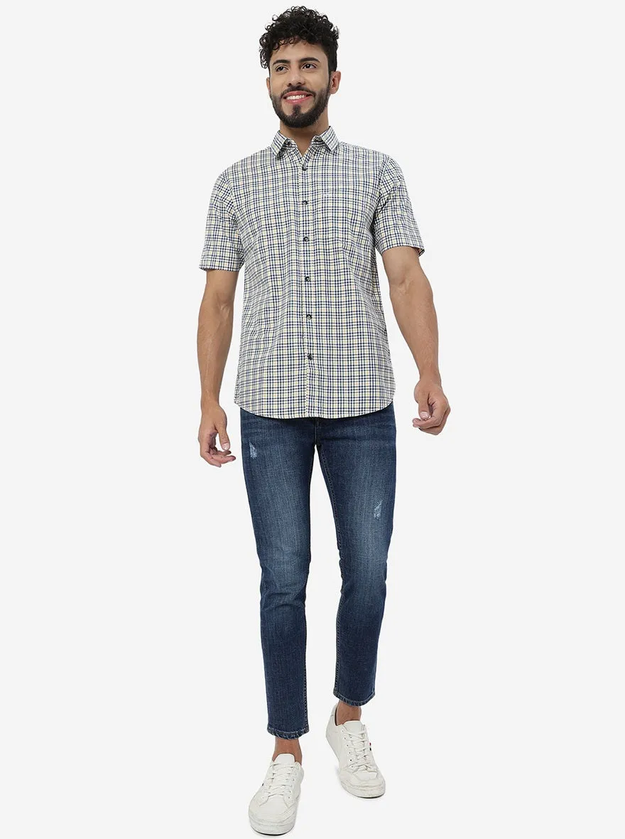 Navy Blue Checked Slim Fit Casual Shirt | JadeBlue