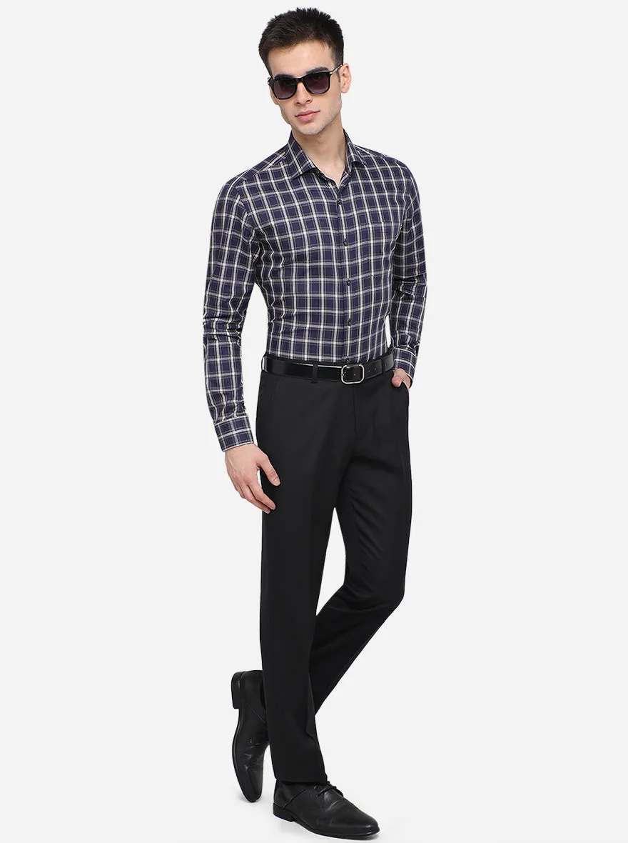 Navy Blue Checked Slim Fit Formal Shirt | JadeBlue