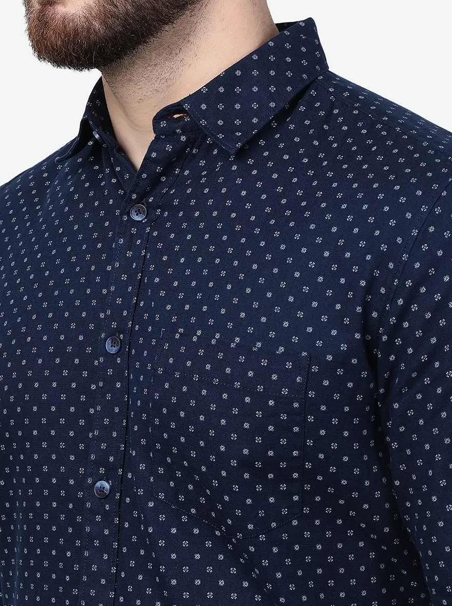 Navy Blue Printed Slim Fit Casual Shirt | JadeBlue