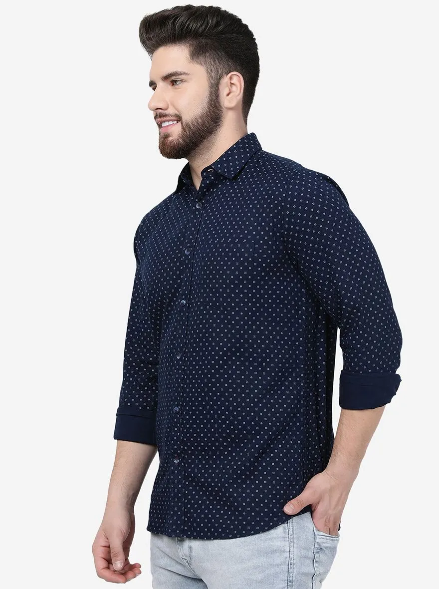 Navy Blue Printed Slim Fit Casual Shirt | JadeBlue