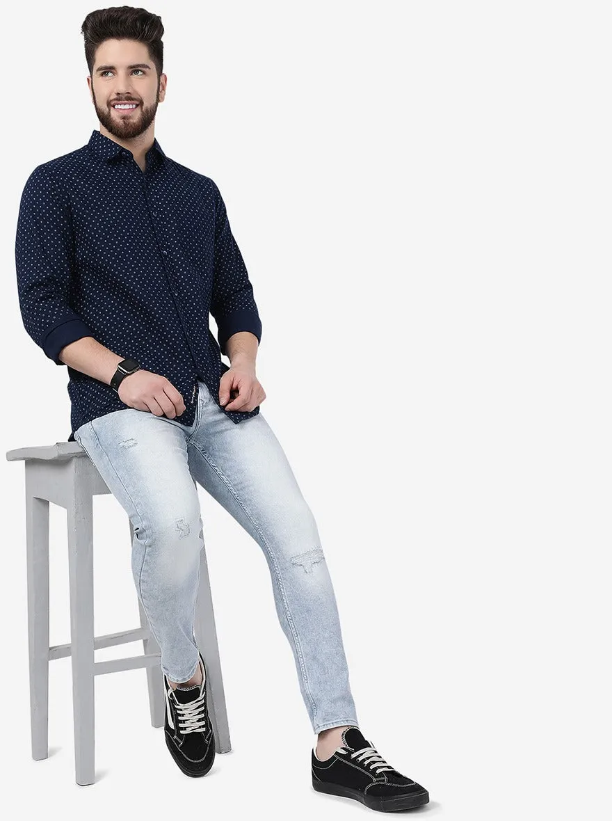 Navy Blue Printed Slim Fit Casual Shirt | JadeBlue