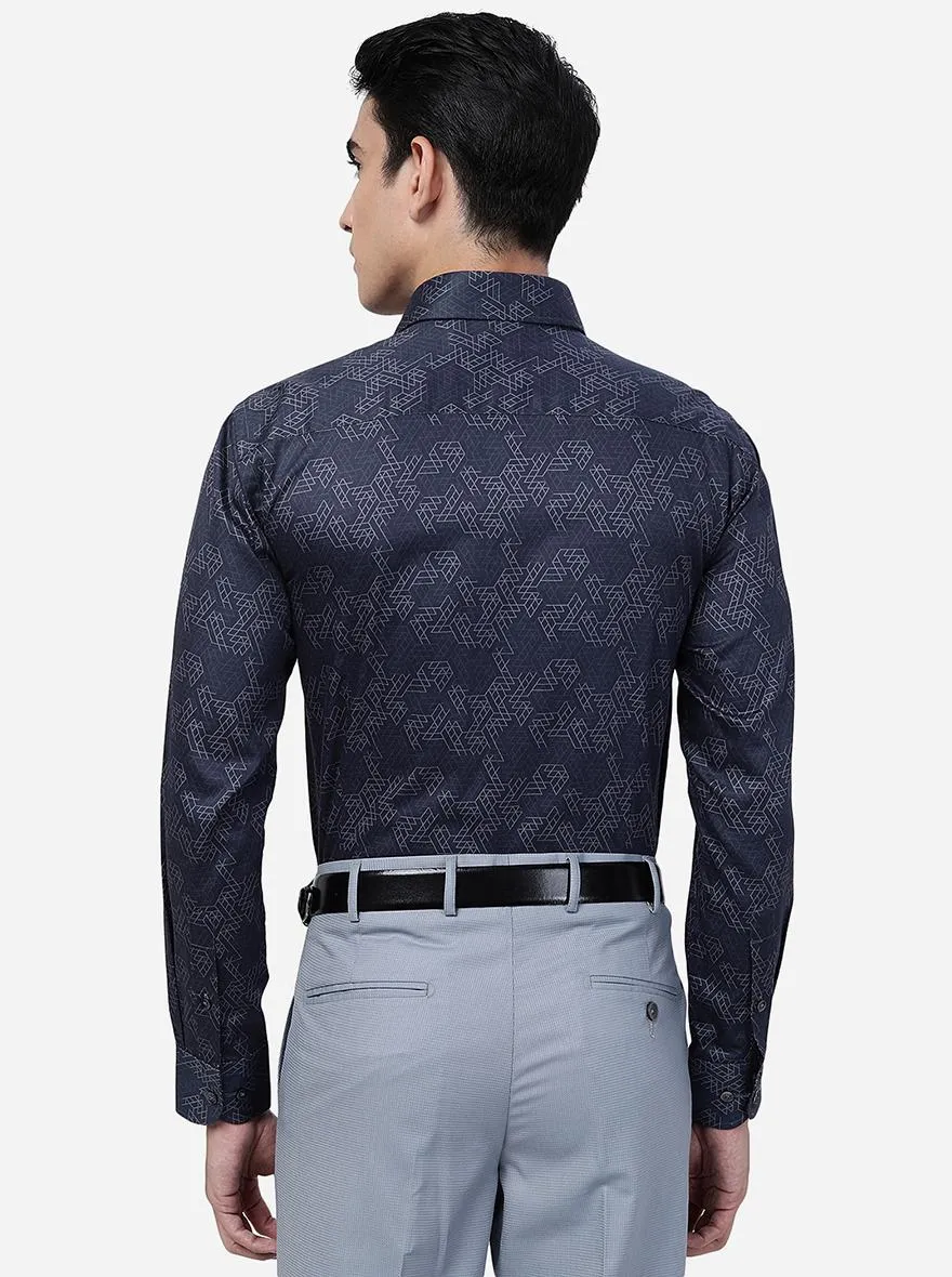 Navy Blue Printed Slim Fit Formal Shirt | Metal