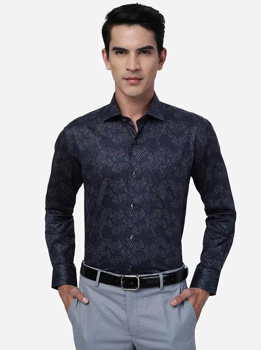 Navy Blue Printed Slim Fit Formal Shirt | Metal