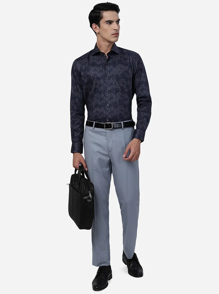 Navy Blue Printed Slim Fit Formal Shirt | Metal