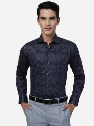 Navy Blue Printed Slim Fit Formal Shirt | Metal