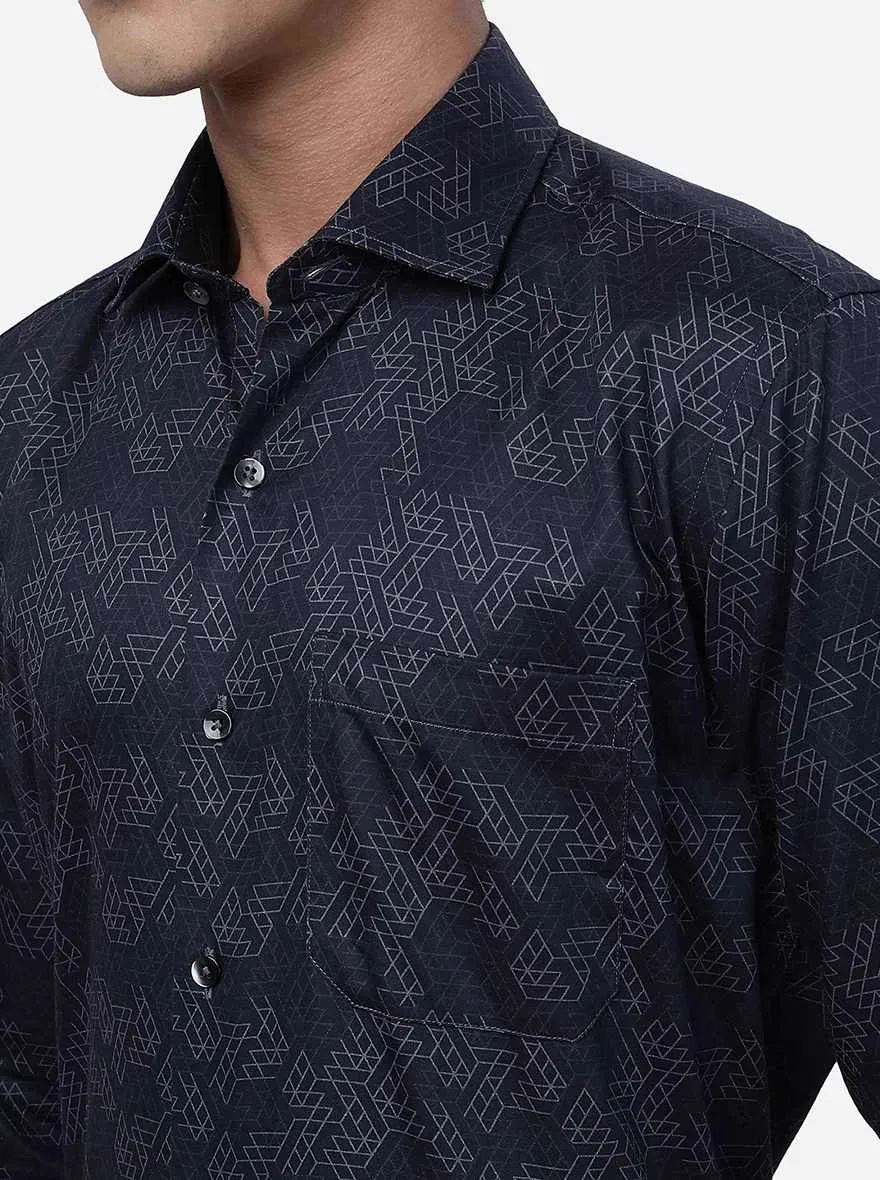 Navy Blue Printed Slim Fit Formal Shirt | Metal
