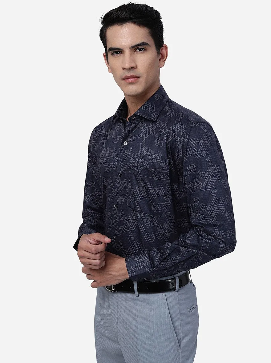 Navy Blue Printed Slim Fit Formal Shirt | Metal