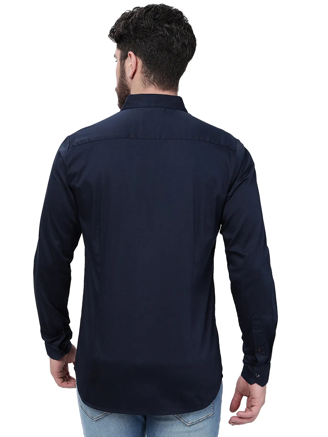 Navy Blue Solid Slim Fit Semi Casual Shirt | JadeBlue
