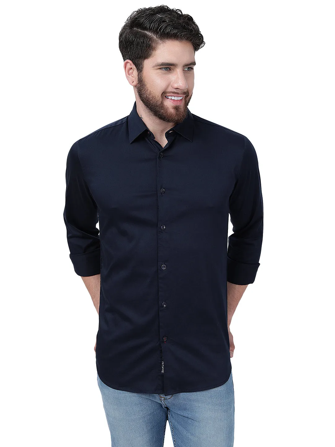 Navy Blue Solid Slim Fit Semi Casual Shirt | JadeBlue