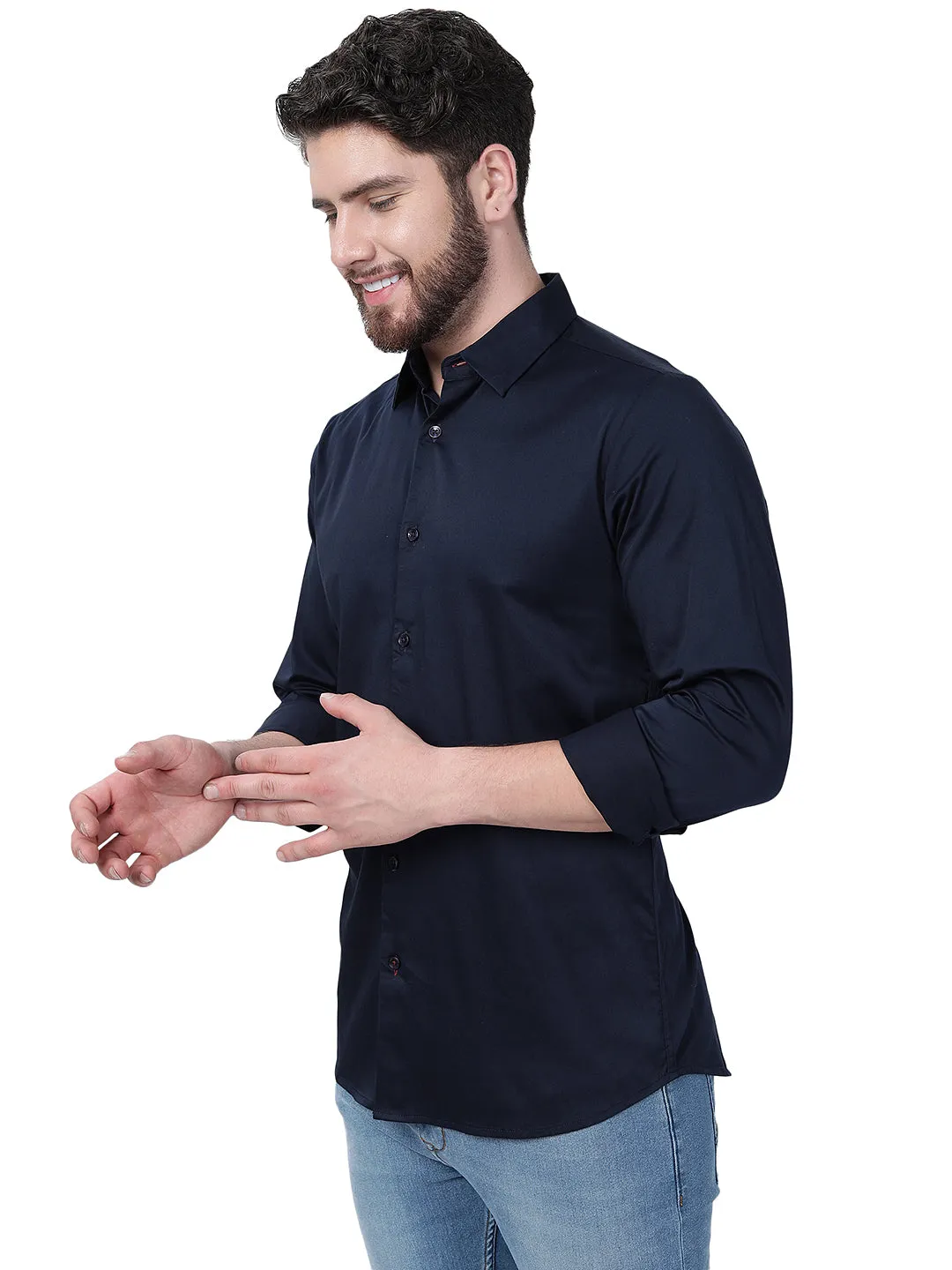 Navy Blue Solid Slim Fit Semi Casual Shirt | JadeBlue