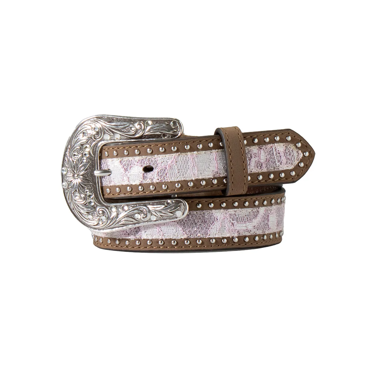 Nocona Girls Brown Belt with Pink Glitter Lace Inlay
