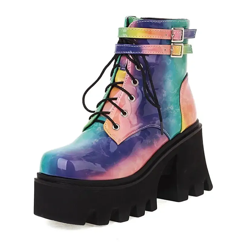 Patent Leather Ankle Chunky Boots with Square Heel and Back Zippers
