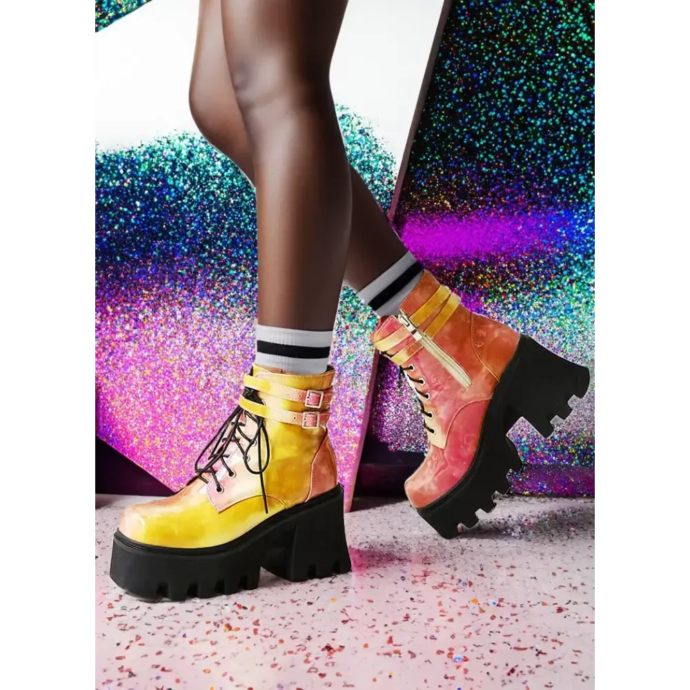 Patent Leather Ankle Chunky Boots with Square Heel and Back Zippers