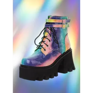 Patent Leather Ankle Chunky Boots with Square Heel and Back Zippers