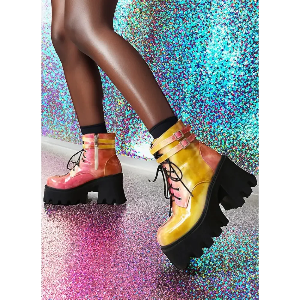 Patent Leather Ankle Chunky Boots with Square Heel and Back Zippers