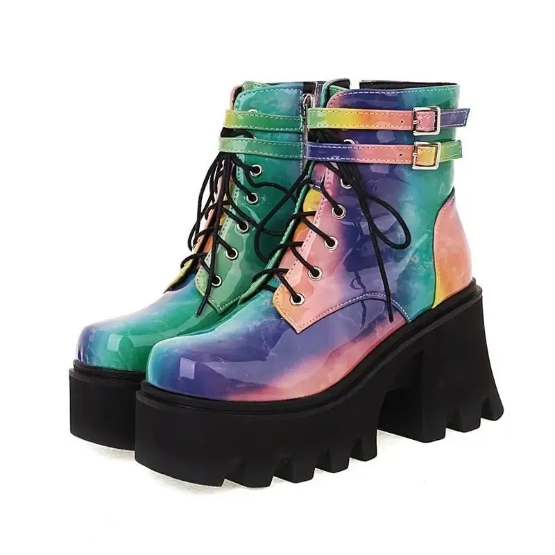 Patent Leather Ankle Chunky Boots with Square Heel and Back Zippers