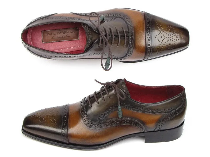 Paul Parkman Men's Hand-Painted Leather Captoe Oxfords in Camel & Olive