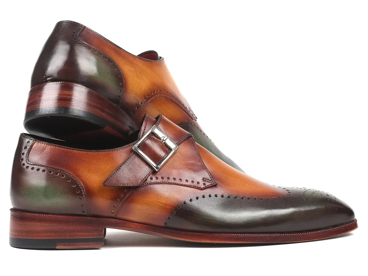 Paul Parkman Men's Single Monkstraps in Green & Camel