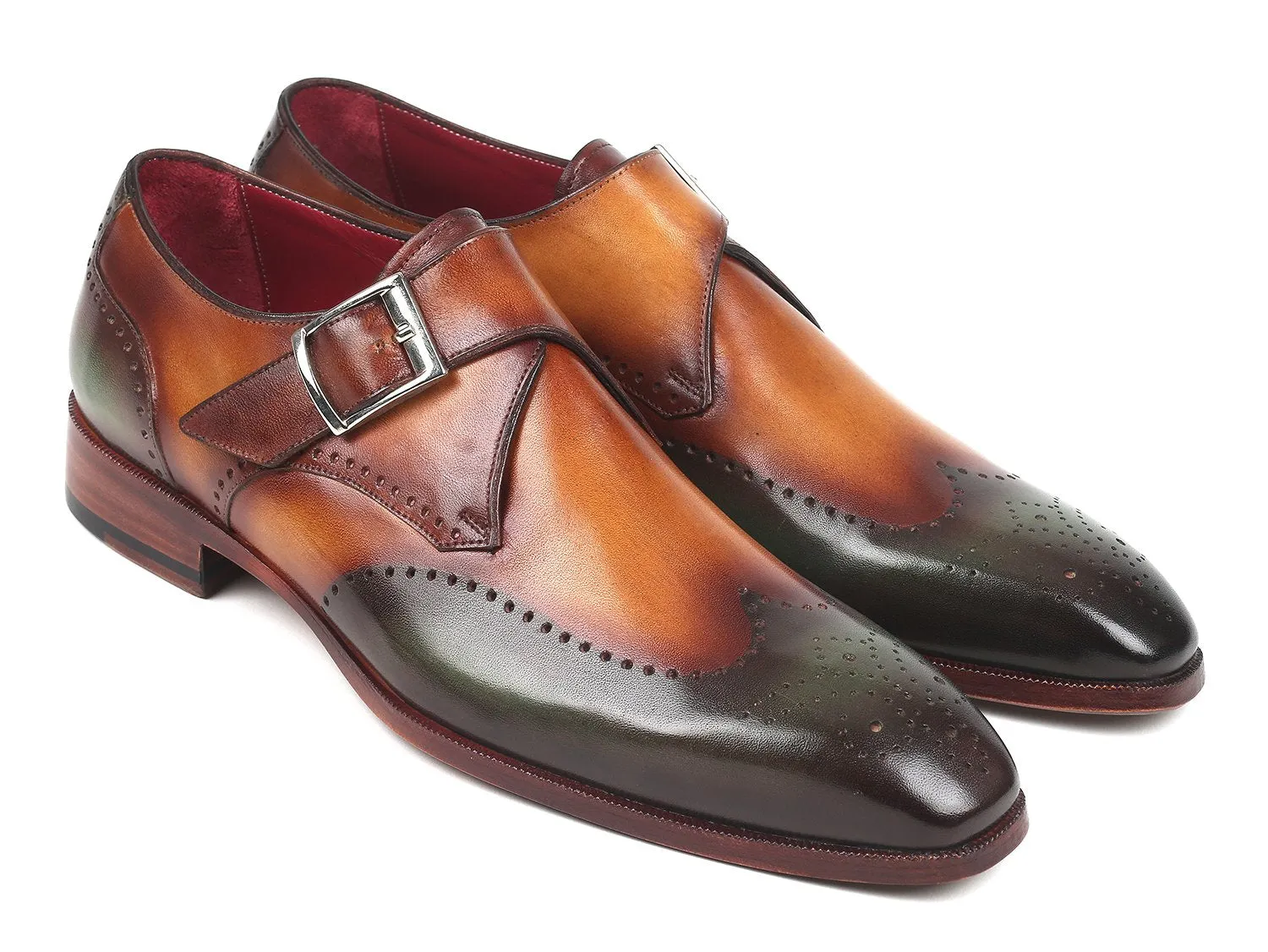 Paul Parkman Men's Single Monkstraps in Green & Camel
