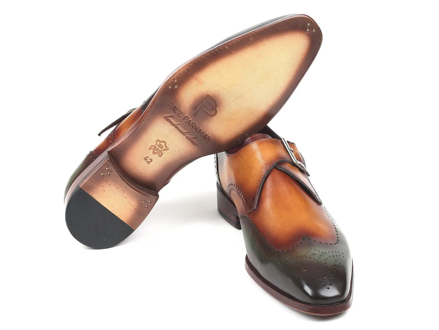 Paul Parkman Men's Single Monkstraps in Green & Camel