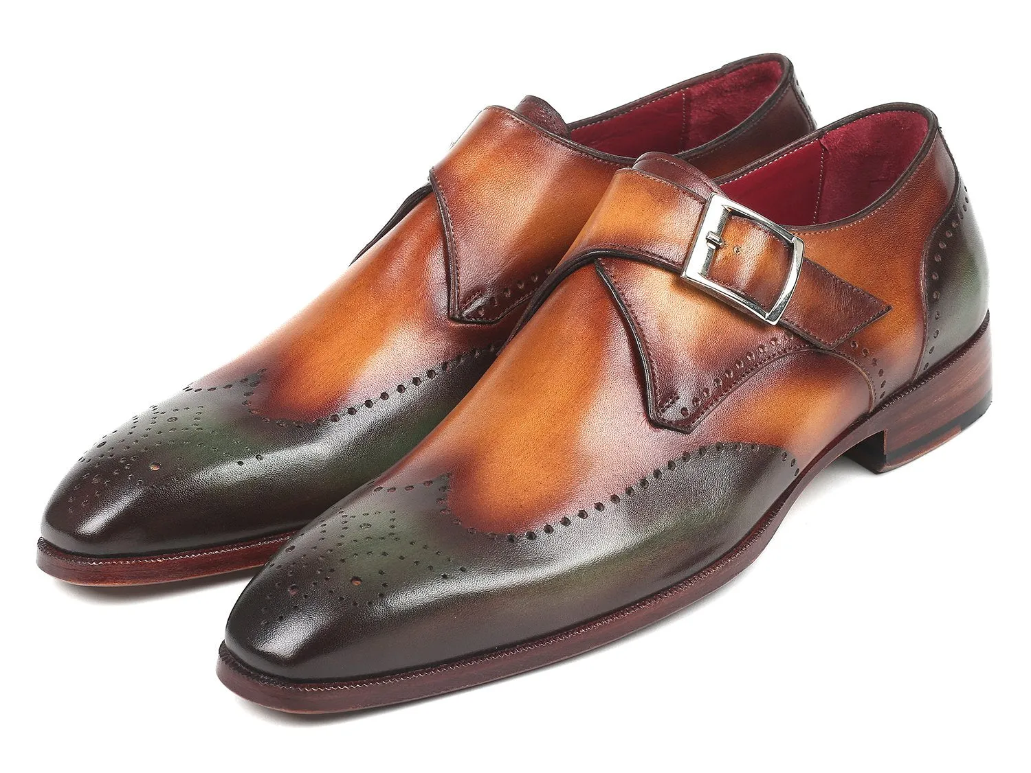 Paul Parkman Men's Single Monkstraps in Green & Camel