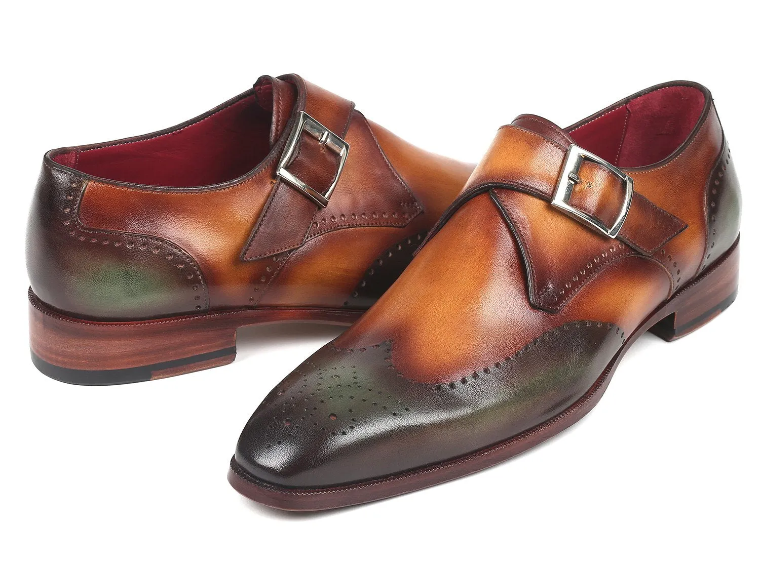 Paul Parkman Men's Single Monkstraps in Green & Camel