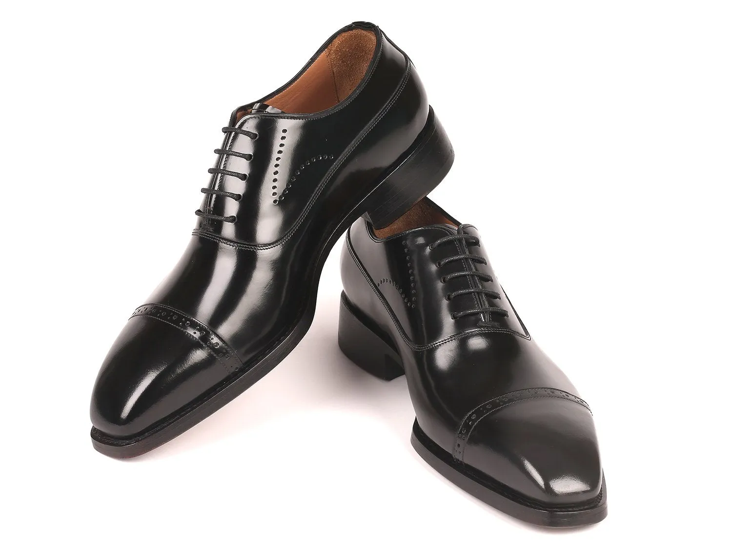 Paul Parkman Polished Leather Goodyear Welted Cap Toe Oxfords in Black