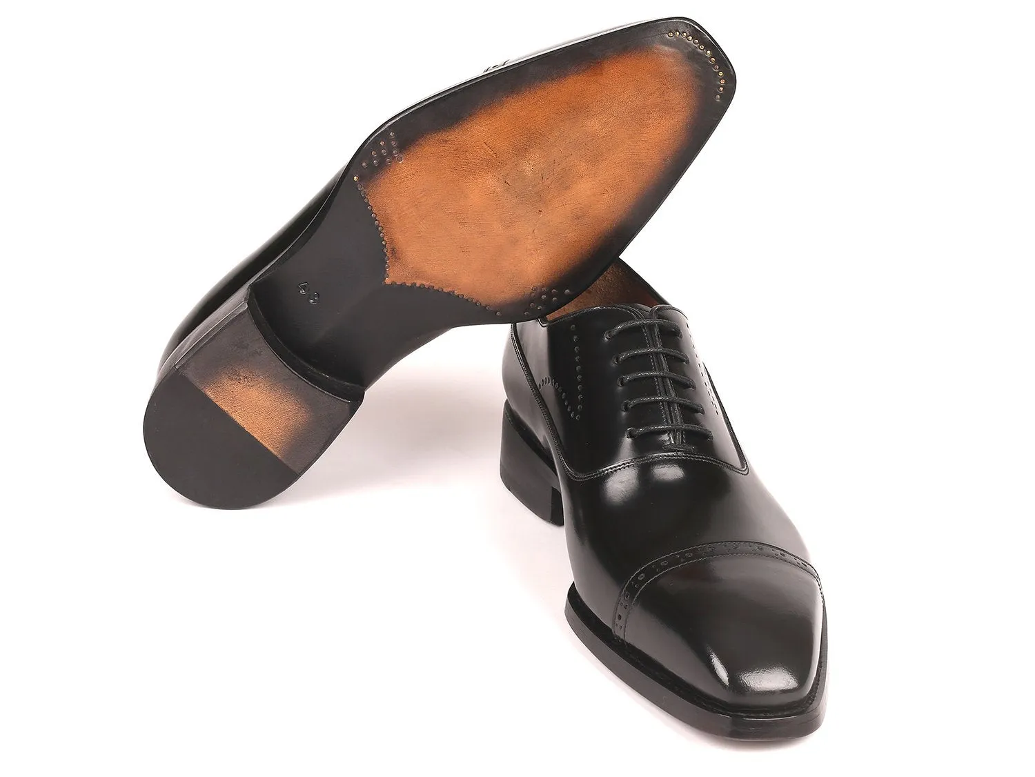 Paul Parkman Polished Leather Goodyear Welted Cap Toe Oxfords in Black
