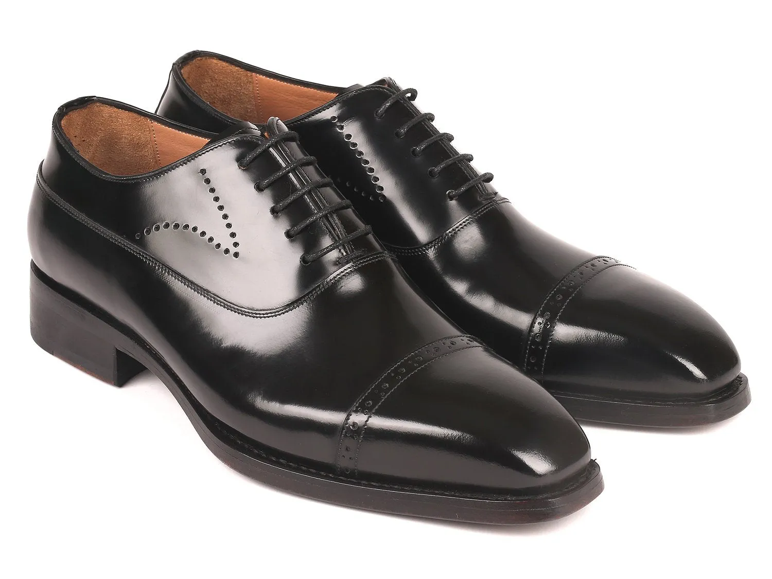 Paul Parkman Polished Leather Goodyear Welted Cap Toe Oxfords in Black