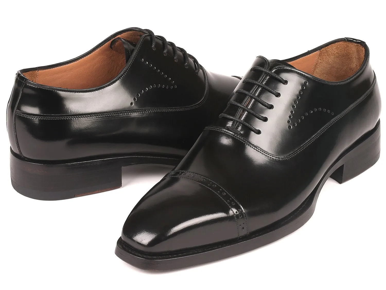 Paul Parkman Polished Leather Goodyear Welted Cap Toe Oxfords in Black