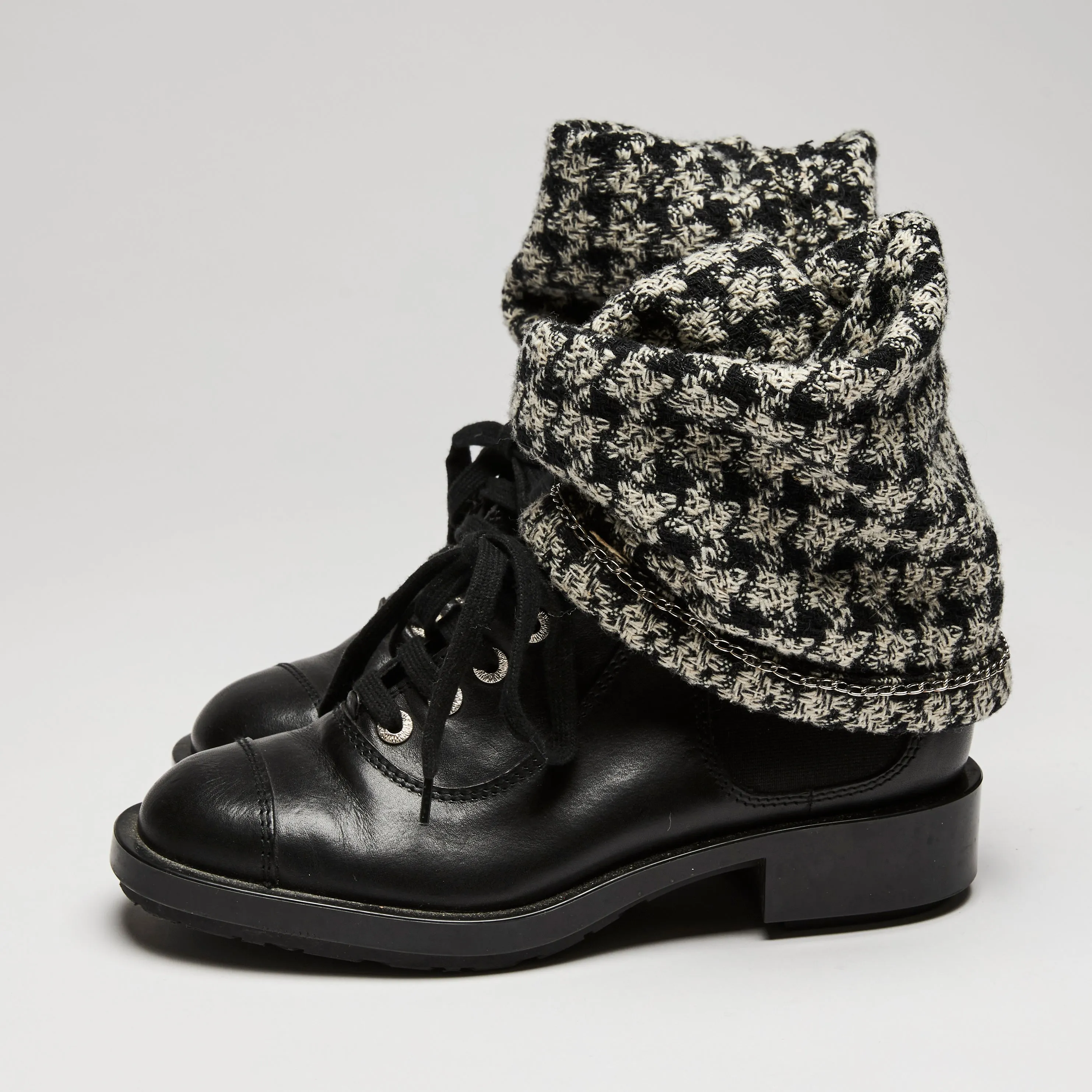 Pre-Loved Chanel ™ 2011 Tweed and Black Leather Boots, Size 38