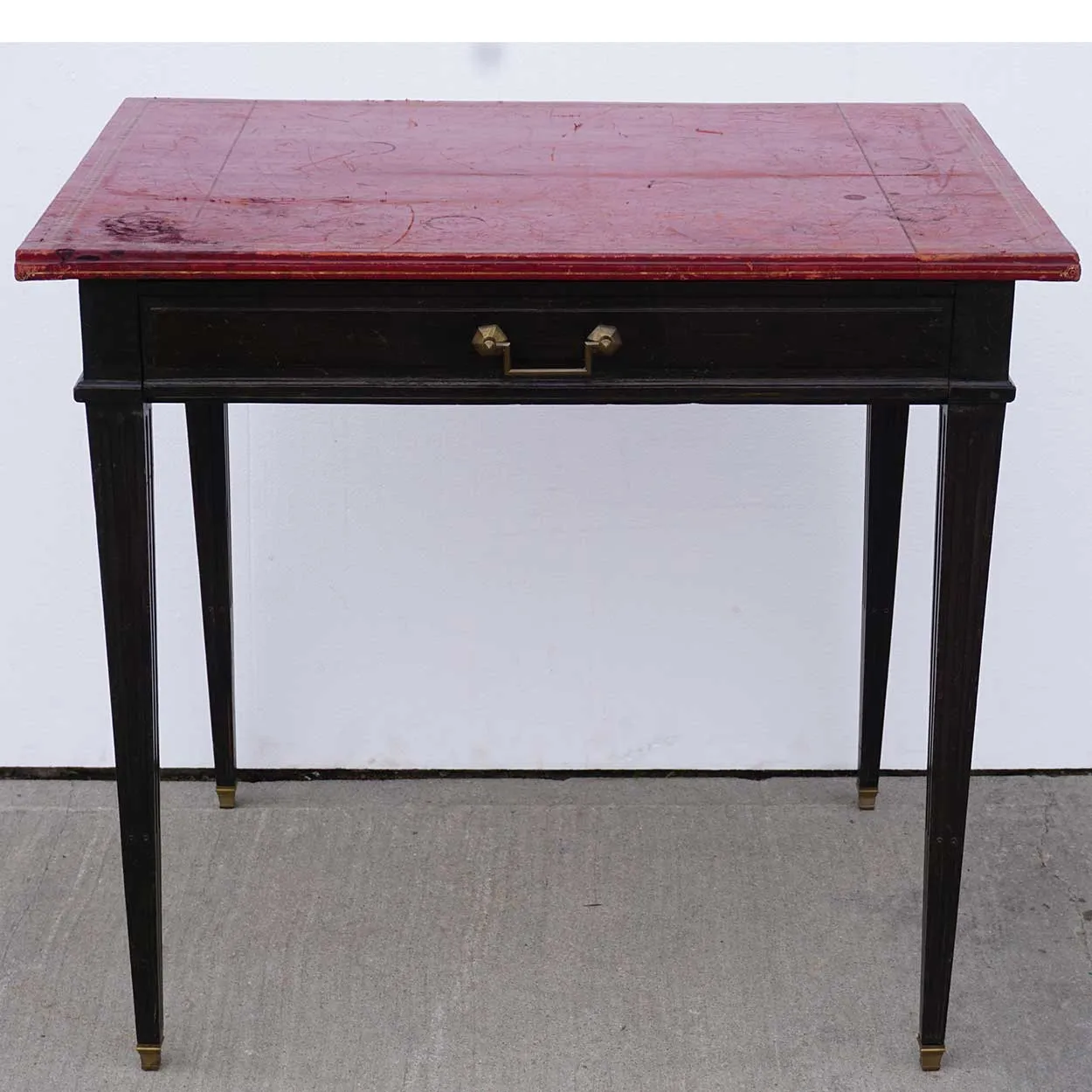Small French Louis XVI Japanned Oak and Red Leather Top Desk