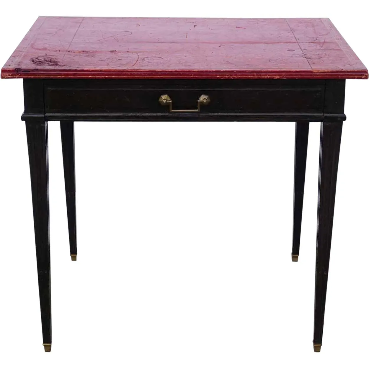 Small French Louis XVI Japanned Oak and Red Leather Top Desk