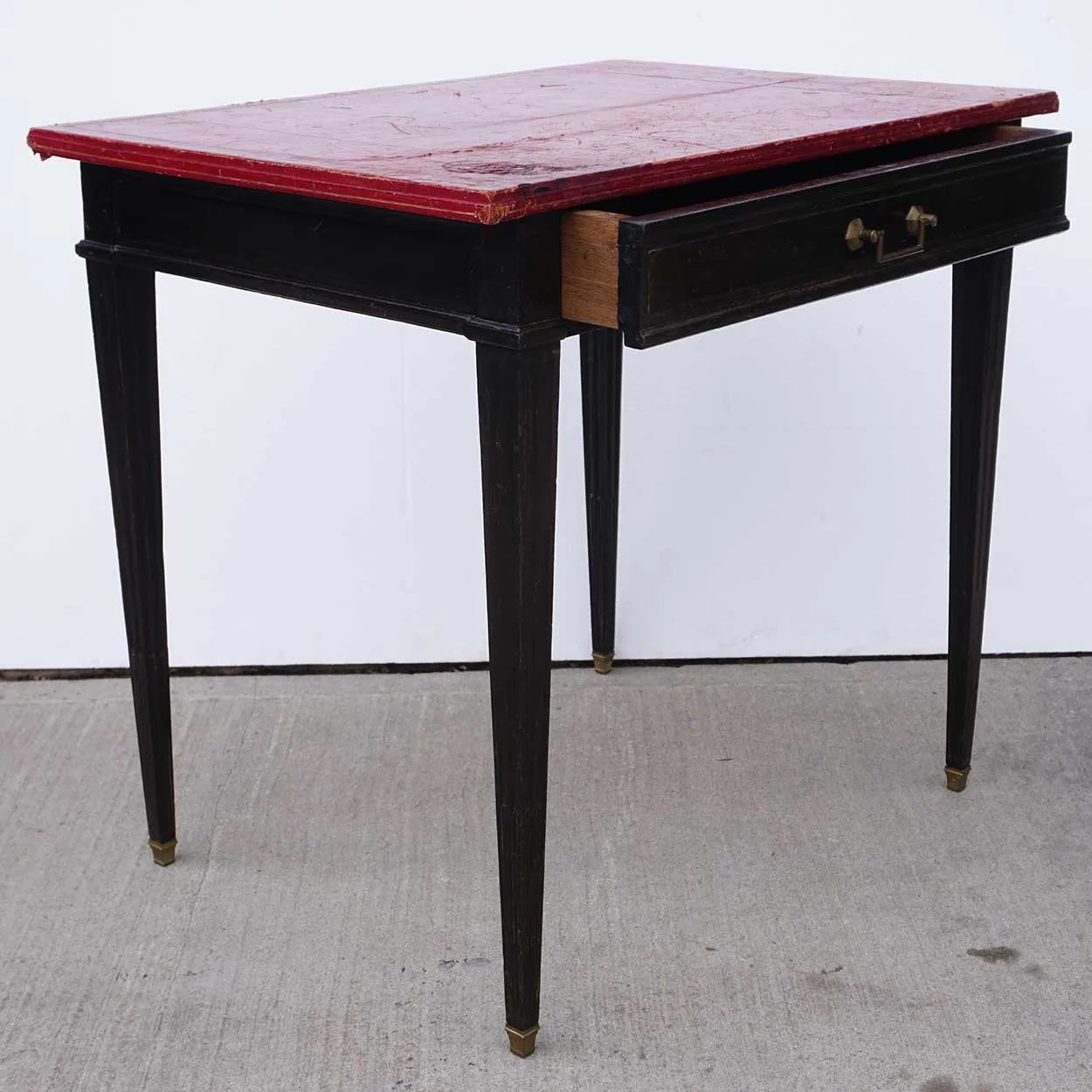 Small French Louis XVI Japanned Oak and Red Leather Top Desk