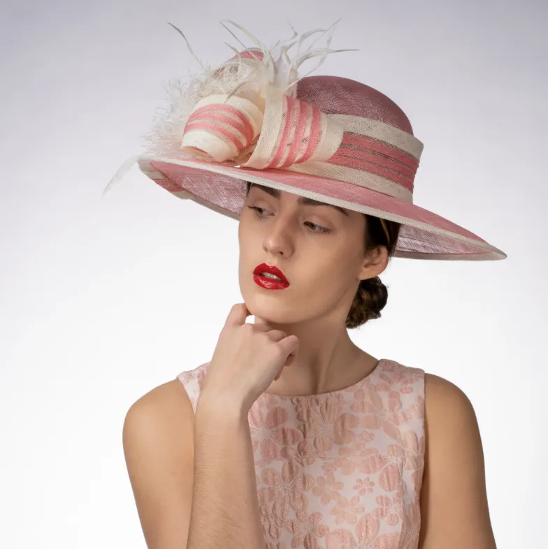 striped bow ~ pink  / ivory