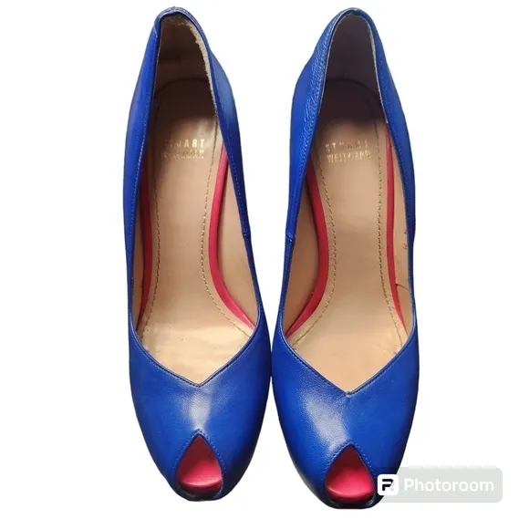 Stuart Weitzman Victoria Blue Ultramar Nappa Leather Platform Heels 8.5M