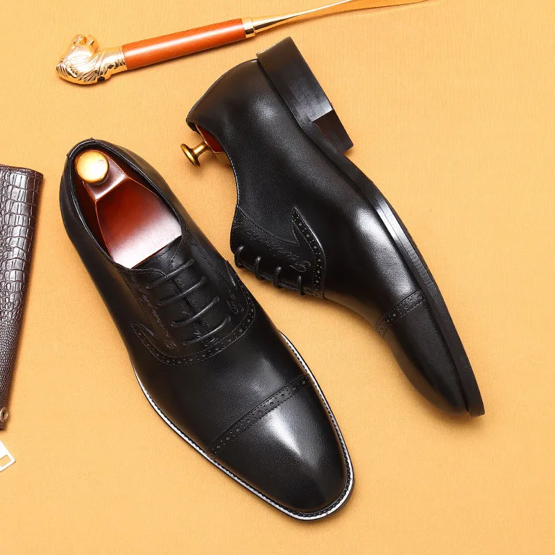 Top Layer Cowhide Men's Leather Shoes British Brogue Carved Leather Shoes Business Formal Wear Genuine Leather Pointed Oxford Shoes96111