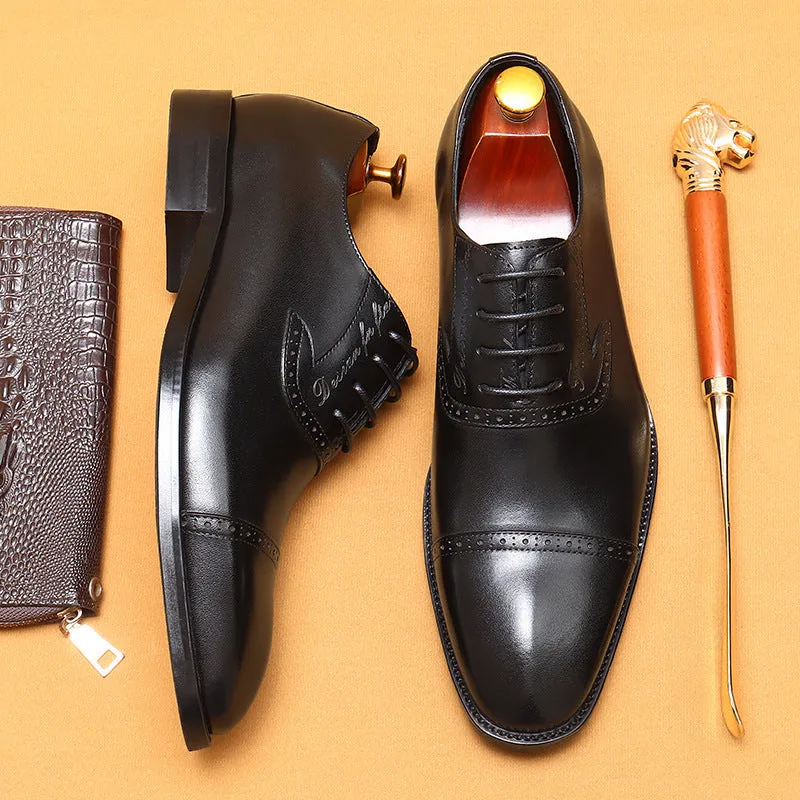 Top Layer Cowhide Men's Leather Shoes British Brogue Carved Leather Shoes Business Formal Wear Genuine Leather Pointed Oxford Shoes96111