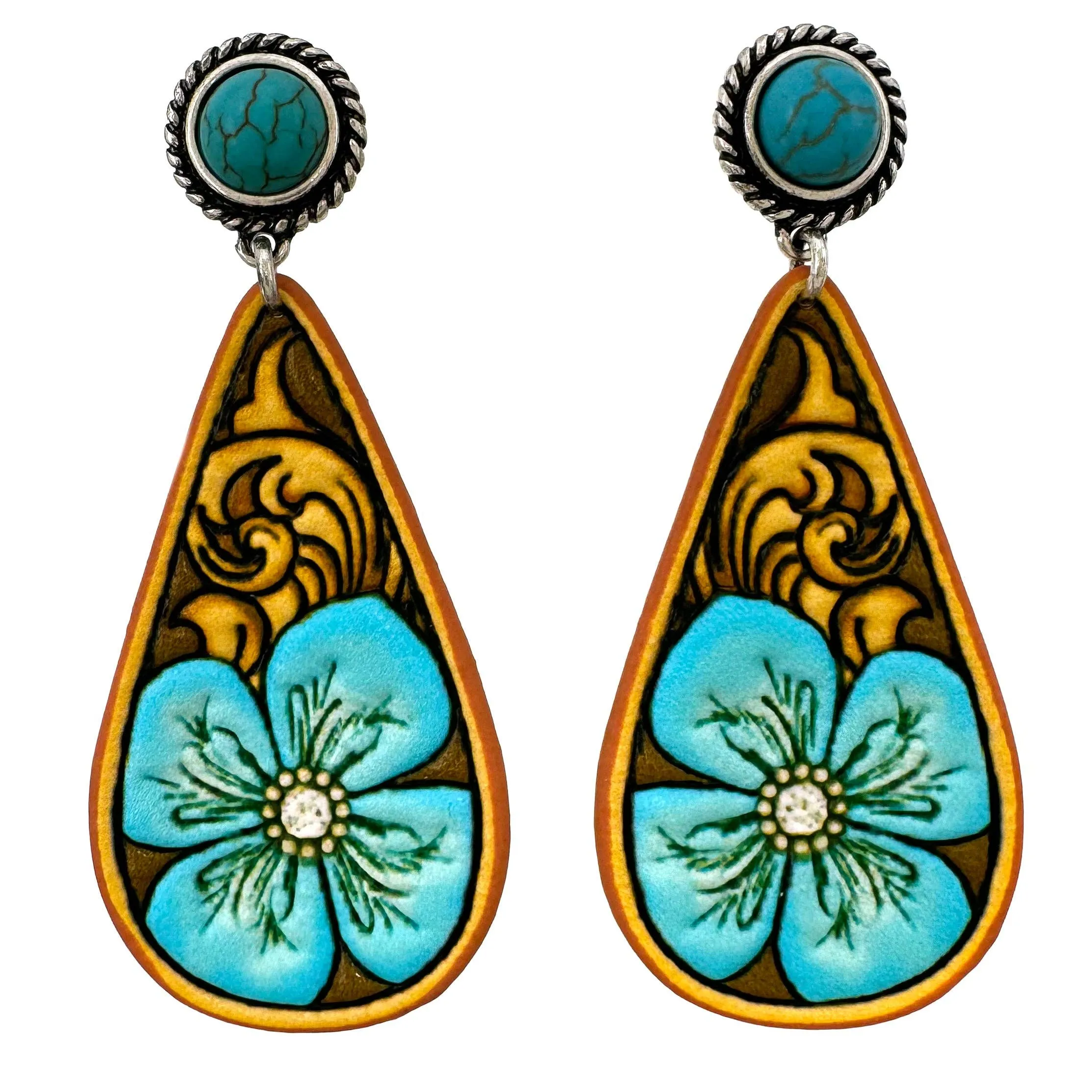 Turquoise Tooled Leather Western Flower Teardrop Earrings: