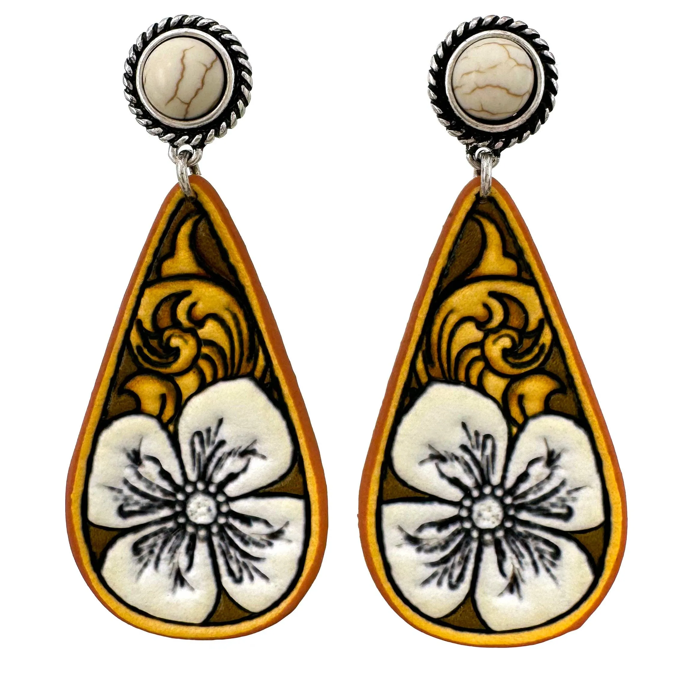 Turquoise Tooled Leather Western Flower Teardrop Earrings: