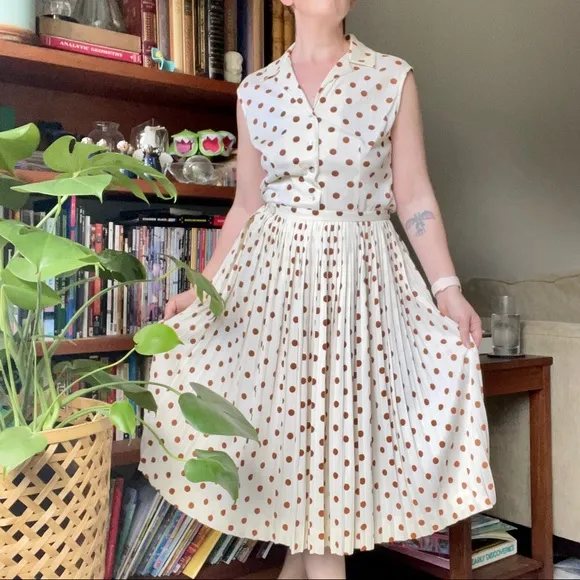 Vintage polka dot skirt set brown cream 70s