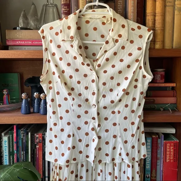 Vintage polka dot skirt set brown cream 70s