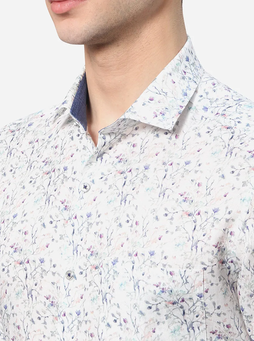 White & Blue Printed Slim Fit Party Wear Shirt | JB Studio