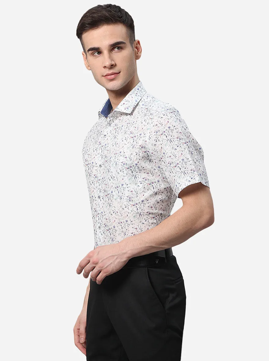 White & Blue Printed Slim Fit Party Wear Shirt | JB Studio