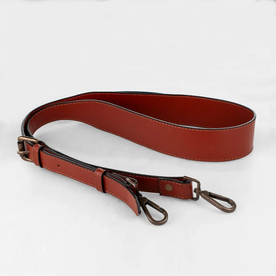 Wide Taper - Antique Brass Hardware and Italian Leather Cognac Shoulder Strap